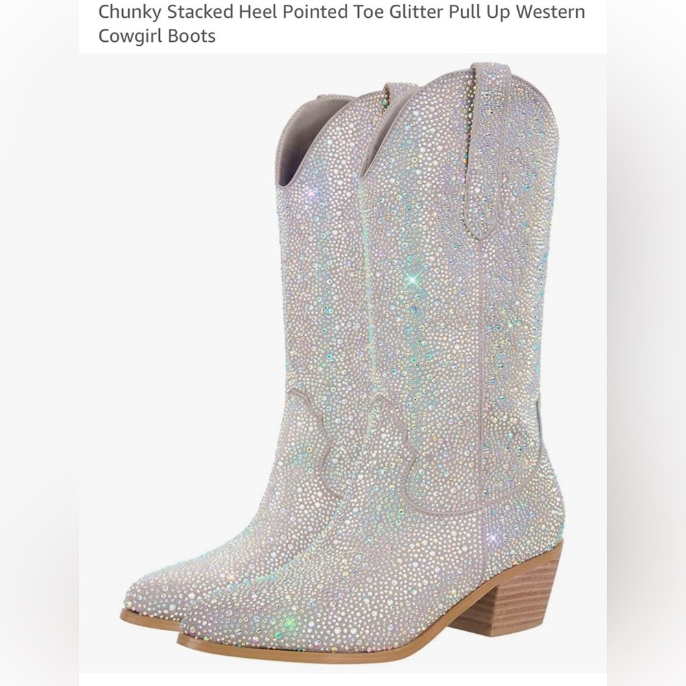 Elegant Rhinestone Embellished Heeled Boots - Cream